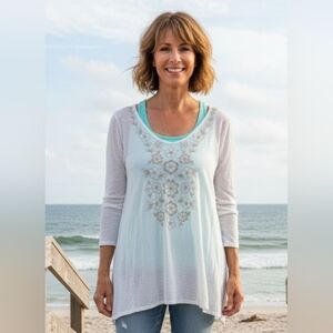 J Jill Shirt Womens Large White Linen‎ Embroidered Floral Scoop Tunic Top